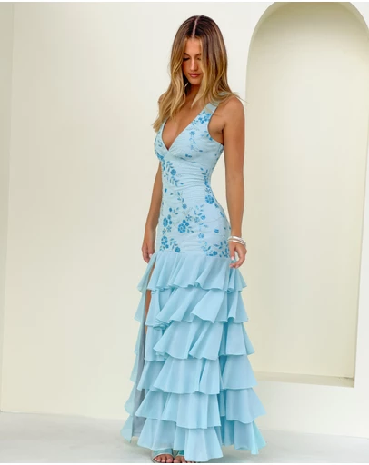 Beginning Boutique - Eleanor Blue Sequin Ruffle Hem Maxi