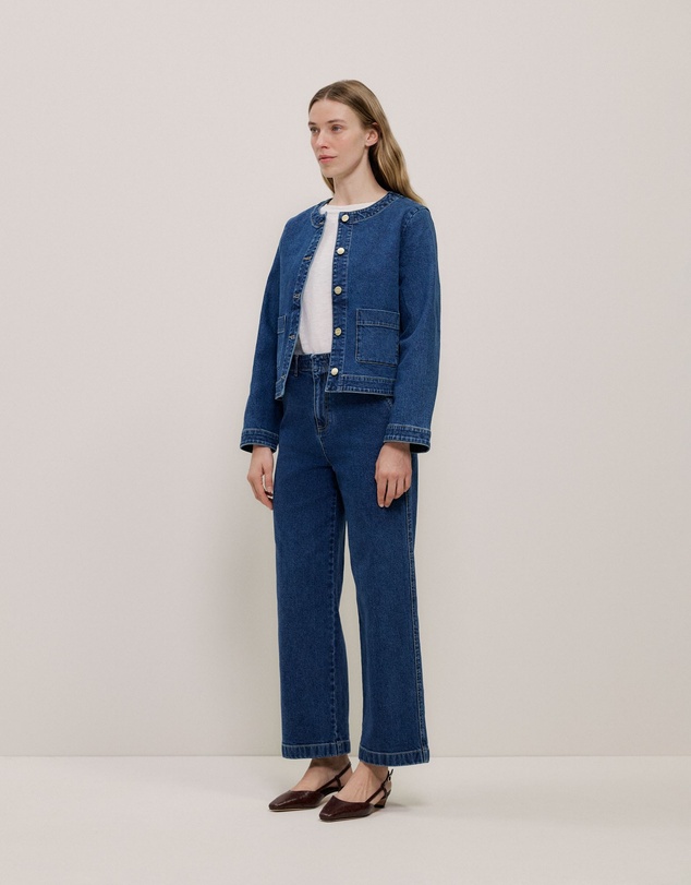 Trenery - Collarless Cropped Denim Jacket in Mid Blue