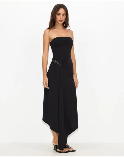 Dazie - Cleo Strapless Belted Asymmetrical Midi Dress