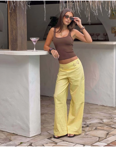 Beginning Boutique - Alamara Yellow Floral Detail Wide Leg Pants