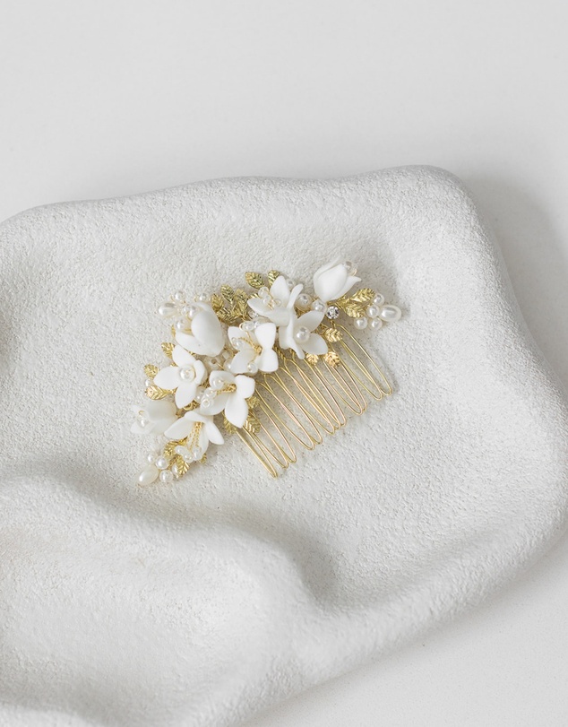The White Collection - Cora - Freshwater Pearl and Floral Detail Gold Bridal Comb