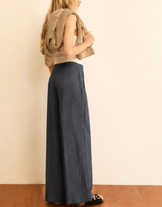 Emme | Max Mara Group - Navy Linen Cotton Blend Wide Leg Trousers