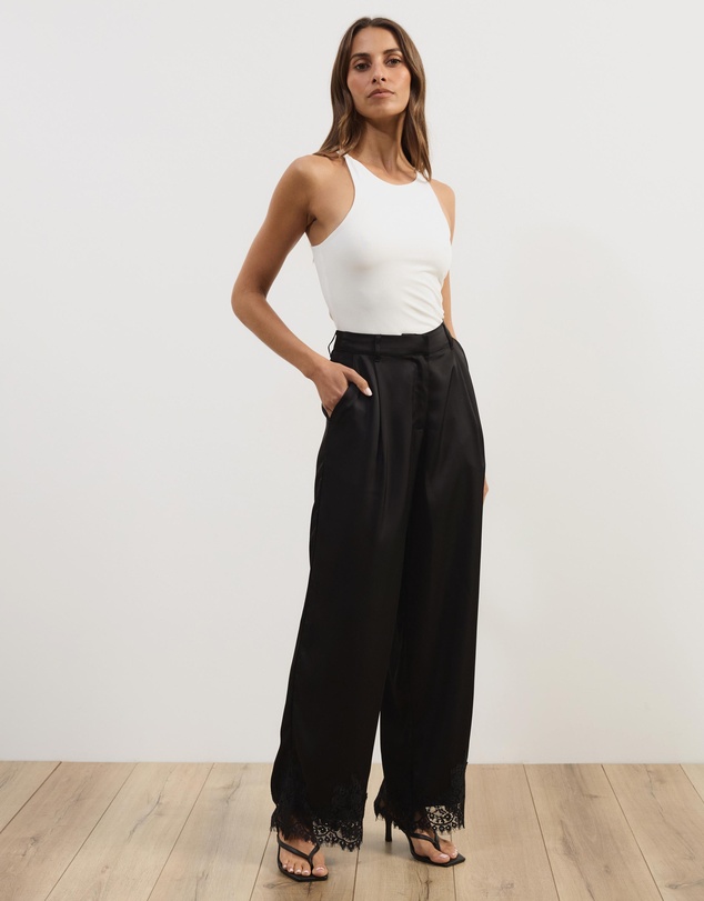 Atmos&Here - Leoni Asymmetric Lace Satin Pants