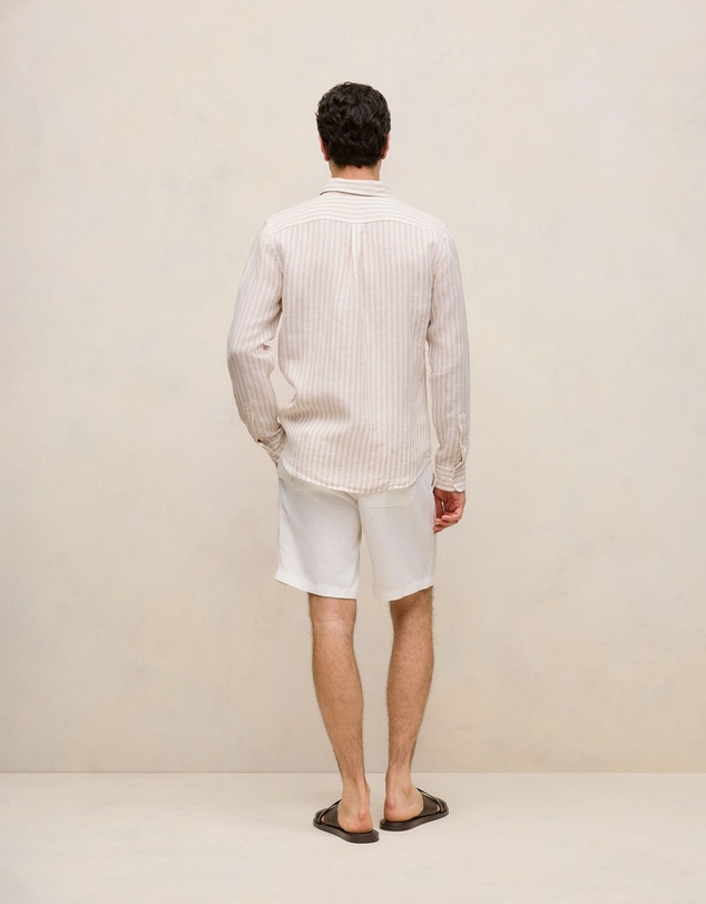 Trenery - Regular Fit Linen Bengal Stripe Shirt in Sand