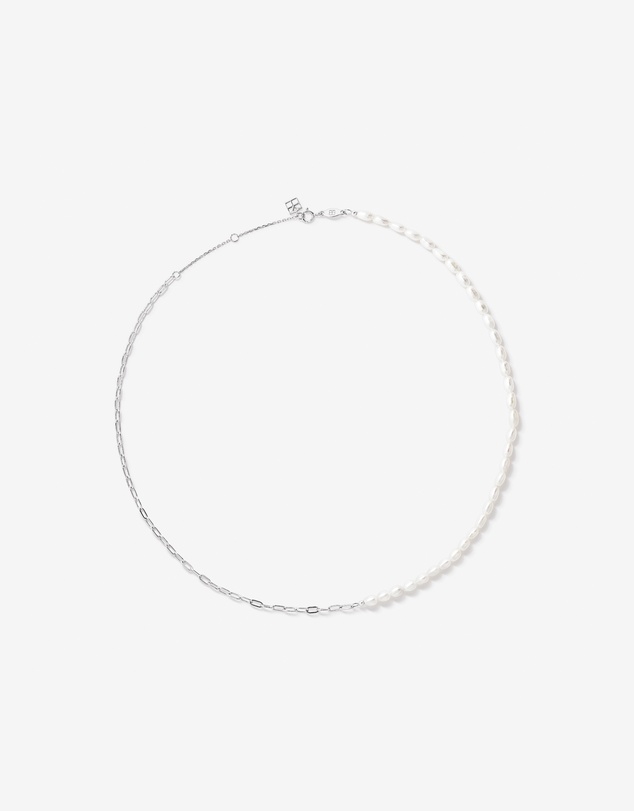 Michael Hill - Half Cultured Freshwater Pearl Half Paperclip Chain Necklace in Sterling Silver