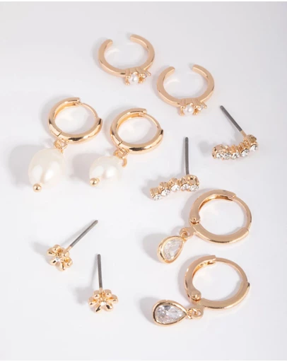 Lovisa - Gold Diamante & Freshwater Pearl Huggie Hoop Earring Stack Pack