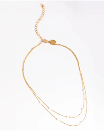 Lovisa - Waterproof Gold Plated Stainless Steel Dainty Freshwater Pearl Double Layer Necklace