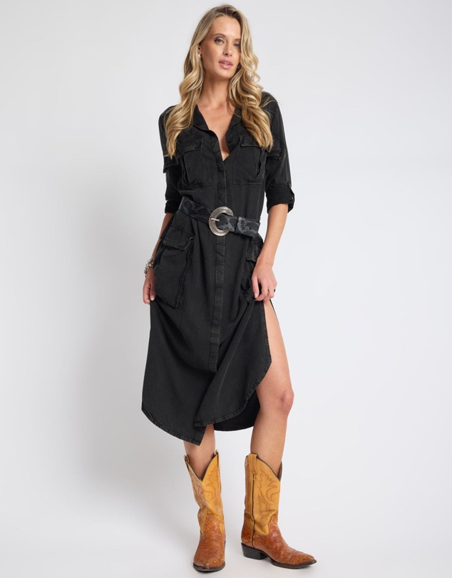 ONE TEASPOON - Crushed Midi Shirt Dress - Black