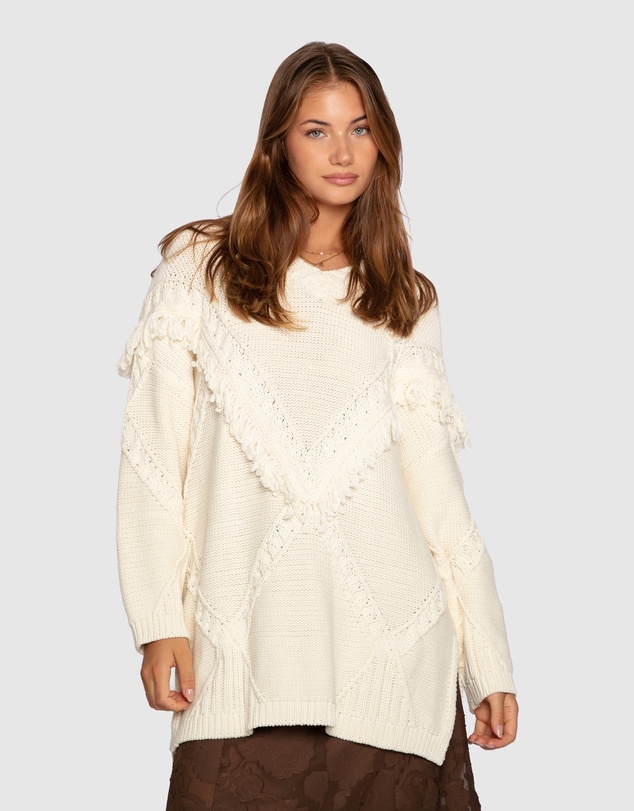 Belle & Bloom - Tassel Line Fringe Oversized Sweater