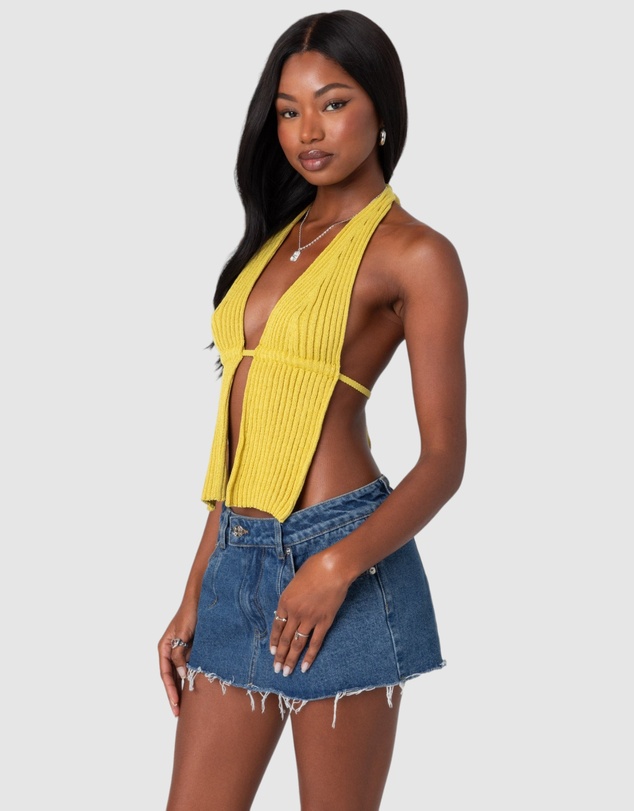 EDIKTED - Caraway Ribbed Knit Split Front Top