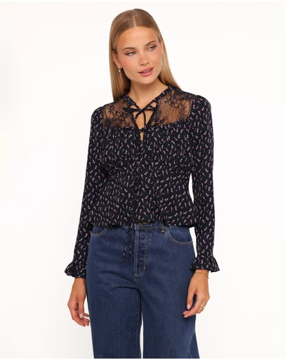 Petal & Pup - Caoimhe Lace Inset Top - Navy Tulip Floral