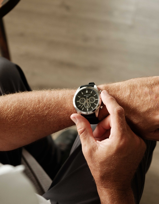 Maxum - Lansdowne Multifunction Chrono Silver Tone Case, Black Dial & Black Silicone Band