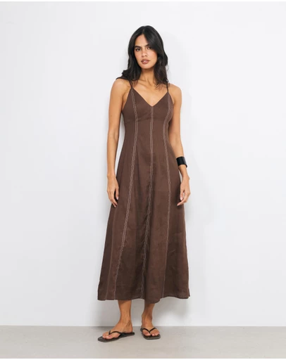 AERE - Maie Contrast Stitch V Neck Linen Midi Dress