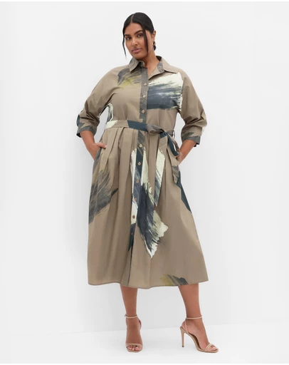 City Chic - Plus size Angel Print Shirt Dress - khaki