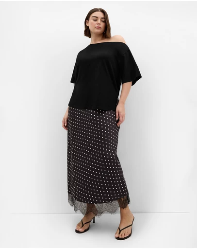 City Chic - Plus size Solene Spot Lace Hem Skirt - dark chocolate