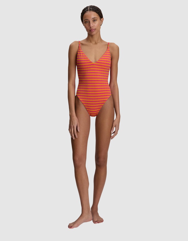 Polo Ralph Lauren - Stripe Cable-Motif V Neck One-Piece Swimsuit