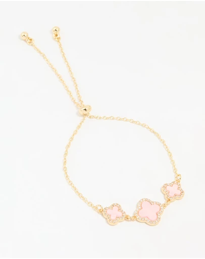 Lovisa - Gold Plated Cubic Zirconia Pink Triple Flower Outline Toggle Bracelet