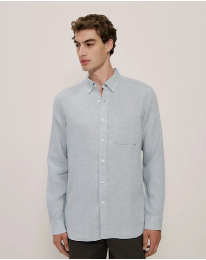 Trenery - Regular Fit Yarn Dyed Linen Shirt in Sage Green