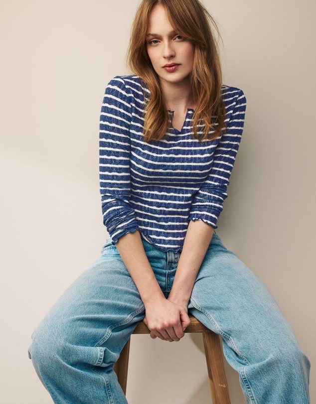 NEXT - Notch Front Longsleeve Textured Stripe Top