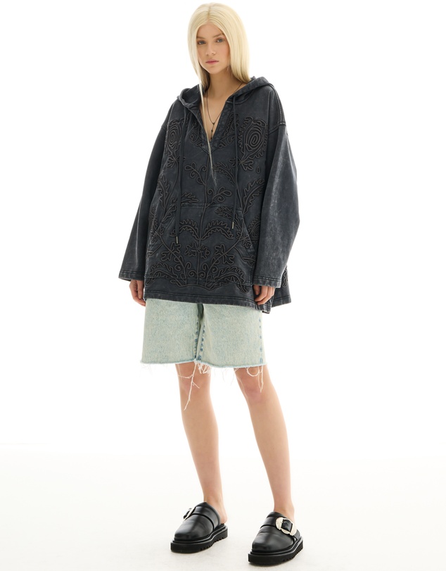 THE TALES - Textured Flower Embroidered Hoodie Jacket