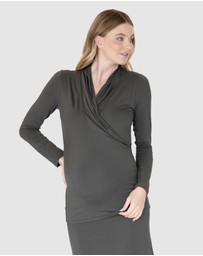 Angel Maternity - Maternity V-Neck Cross-Over Bamboo Long Sleeve Top in Olive Green