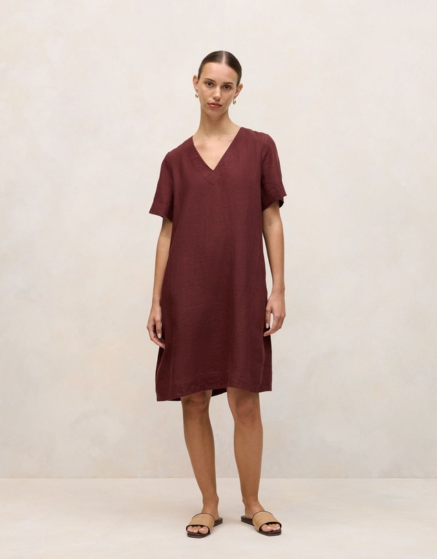 Trenery - Delave Linen V Neck Popover Shift Dress in Espresso