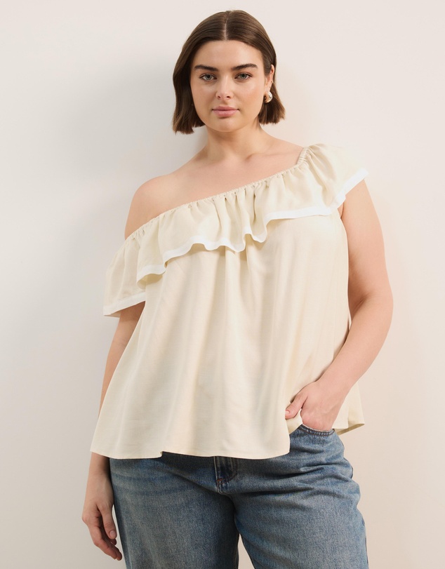 Atmos&Here Curvy - Sienna Linen Blend One Shoulder Tier Top With Contrast Trim