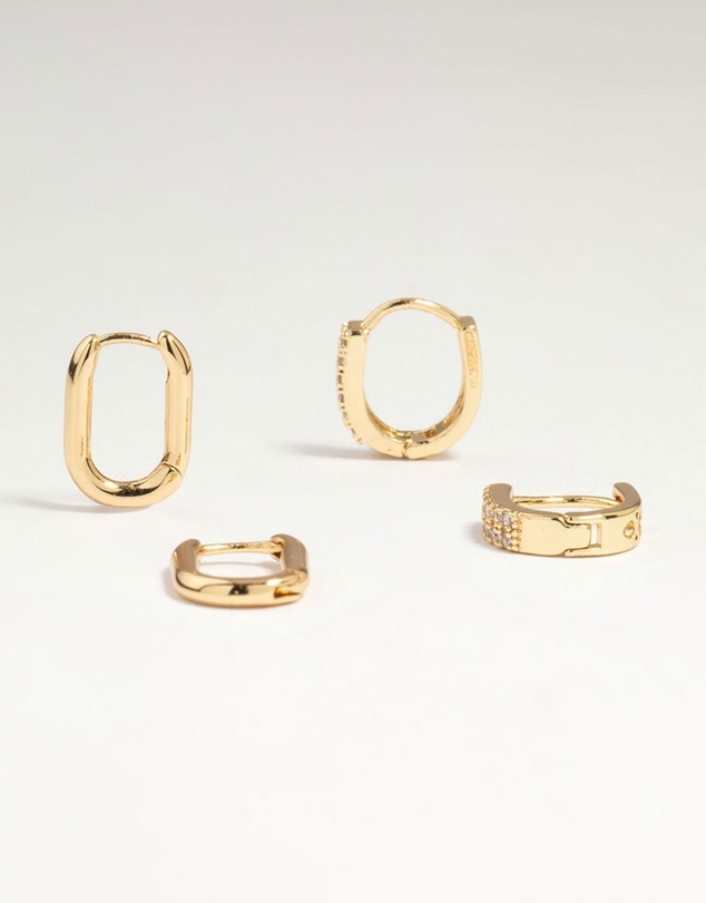 Lovisa - Gold Plated Brass Oval Plain & Cubic Zirconia Huggie Earrings 2-Pack