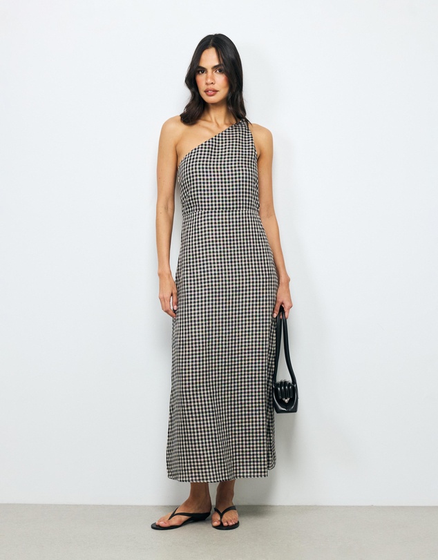 AERE - Ciela Gingham One Shoulder Midi Dress