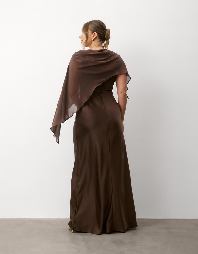 Six Stories - Square neck Satin Bridesmaid Dress with Chiffon Cape