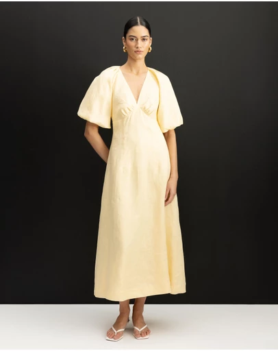 AERE - Imogen Linen Puff Sleeve Midi Dress