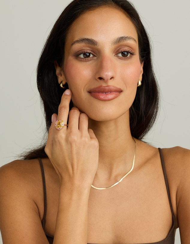 Michael Hill - Oval Cut Citrine, Pink Tourmaline & White Topaz Halo Ring in 10kt Yellow Gold