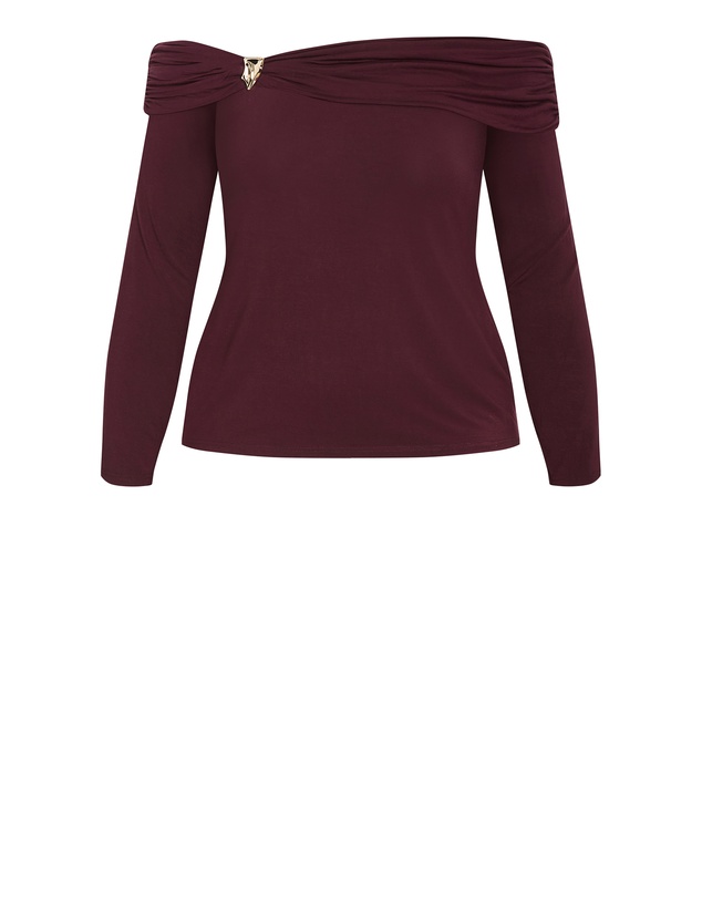 City Chic - Plus size Buckle Off Shoulder Long Sleeve Top - bordeaux