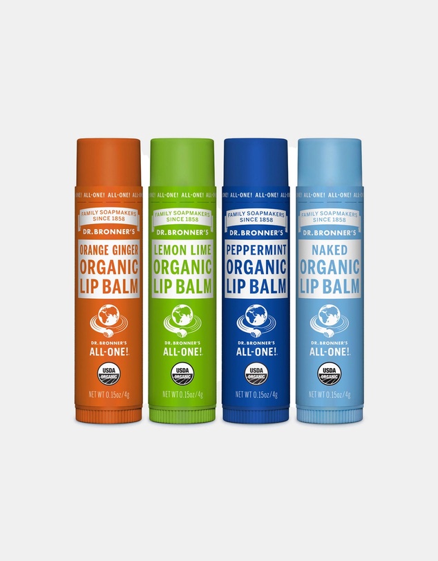 Dr Bronner's - Joy Lip Balm Set - 4 x 4g lip balms. Lemon Lime, Peppermint, Orange Ginger and Naked Unscented
