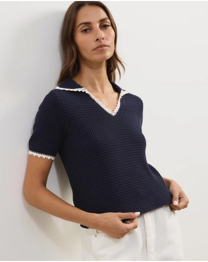 Atmos&Here - Issa Short Sleeve V-Neck Knit Polo with Contrast Trim