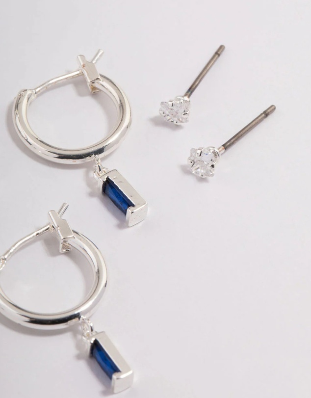 Lovisa - Silver Plated Brass Cubic Zirconia Sapphire Cut Huggie Earrings 6-Pack