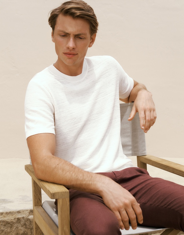 Trenery - Cotton Linen Racking Stitch T-shirt in Parchment