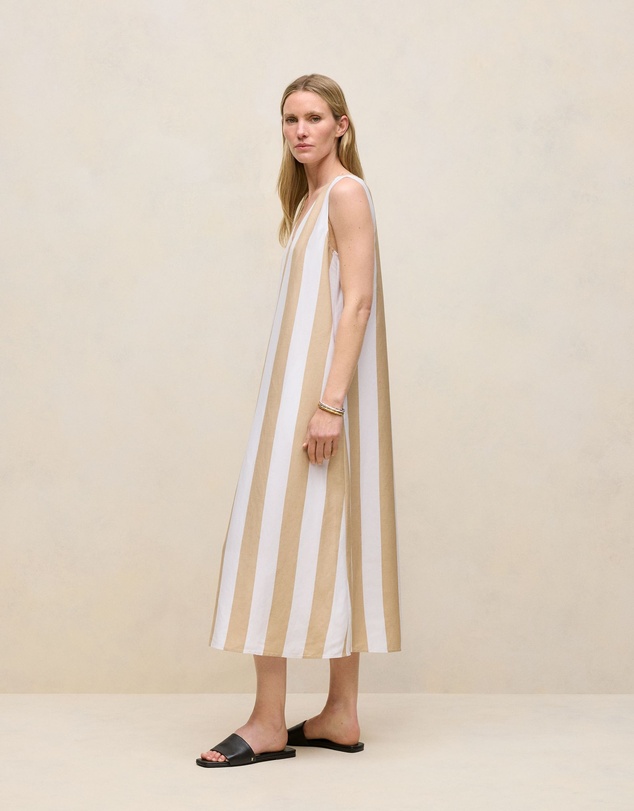 Trenery - Cabana Stripe V Neck Sleeveless Dress in Sand