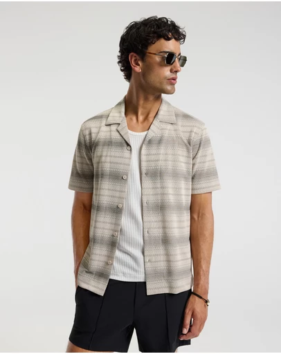 Calibre - Textured Stripe Cuban Collar Shirt Neutral