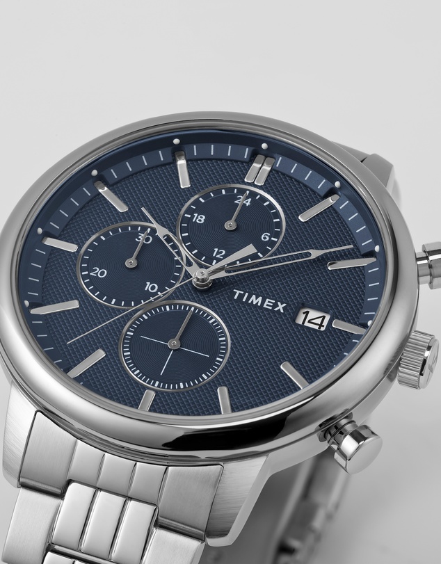 TIMEX - Chicago Chrono 45mm Silver Tone Blue Dial Bracelet
