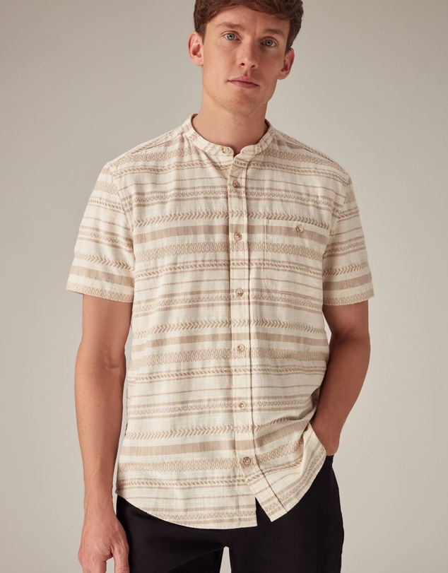 NEXT - Textured Stripe Short Sleeve Shirt With Grandad Collar