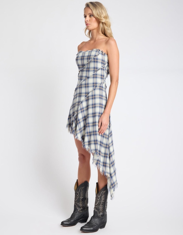 ONE TEASPOON - Heart Of Glass Asymmetrical Flannel Mini Dress - Blue & White Check