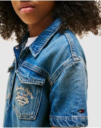 Tommy Hilfiger - Logo Embroidery Short Sleeve Denim Dress - Babies-Teens