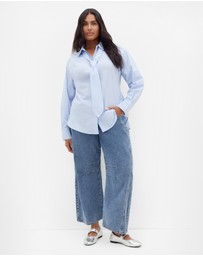 City Chic - Plus size Neck Tie Cotton Stripe Shirt - sky blue