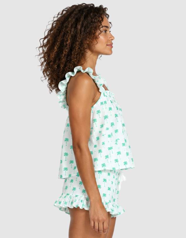 Sant And Abel - Women's Green Palm Tree Frill Tank PJ Set