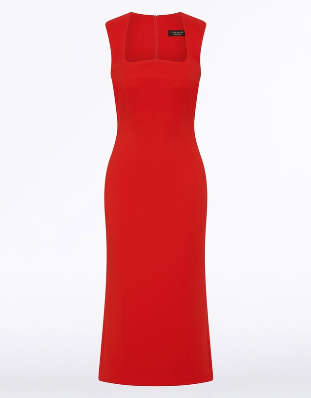 Carla Zampatti - Red Crepe Curve Neck Detail Midi Dress