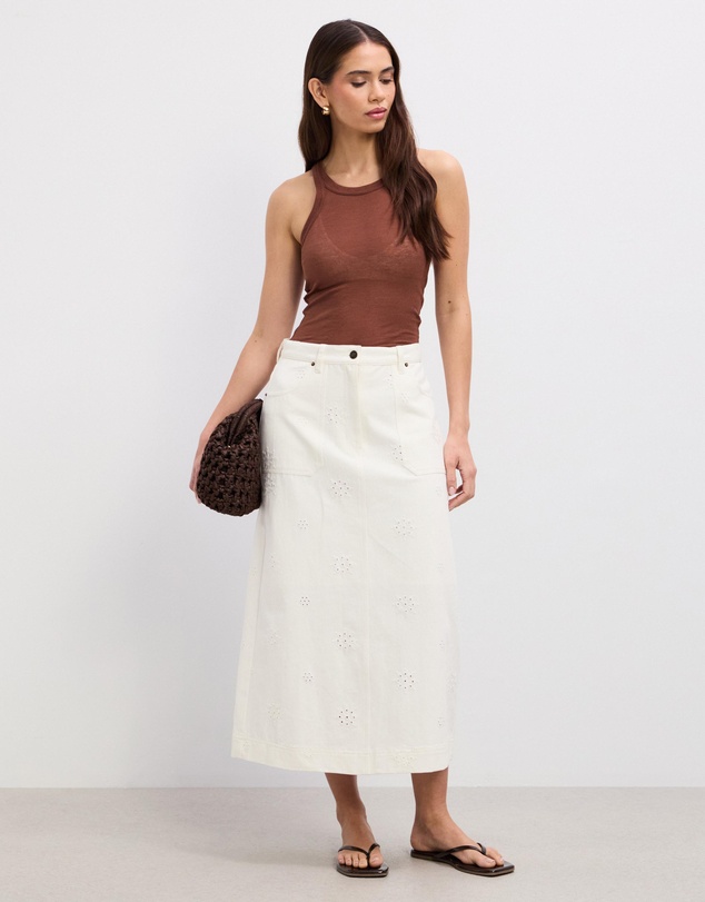 The Fated - Stephanie Broderie Twill Midi Skirt