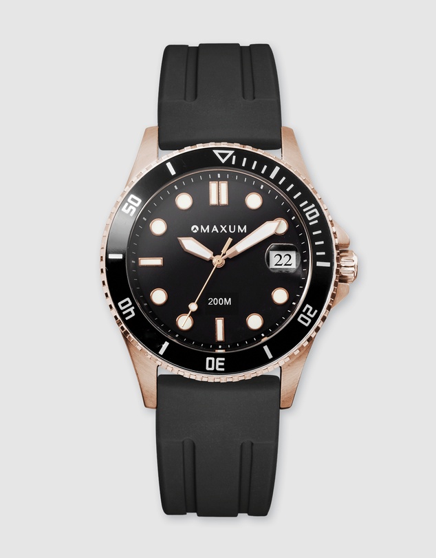 Maxum - Liberty Black Dial With Black Silicone Strap & Rose Gold Tone Case