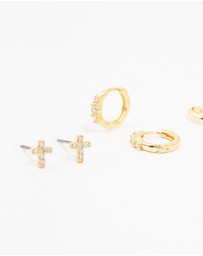 Lovisa - Gold Plated Brass Cross Stud & Chain Earrings 4-Pack