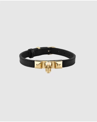 Philipp Plein - PLEIN ENIGMA IP Yellow Gold Skull Black Leather Bracelet